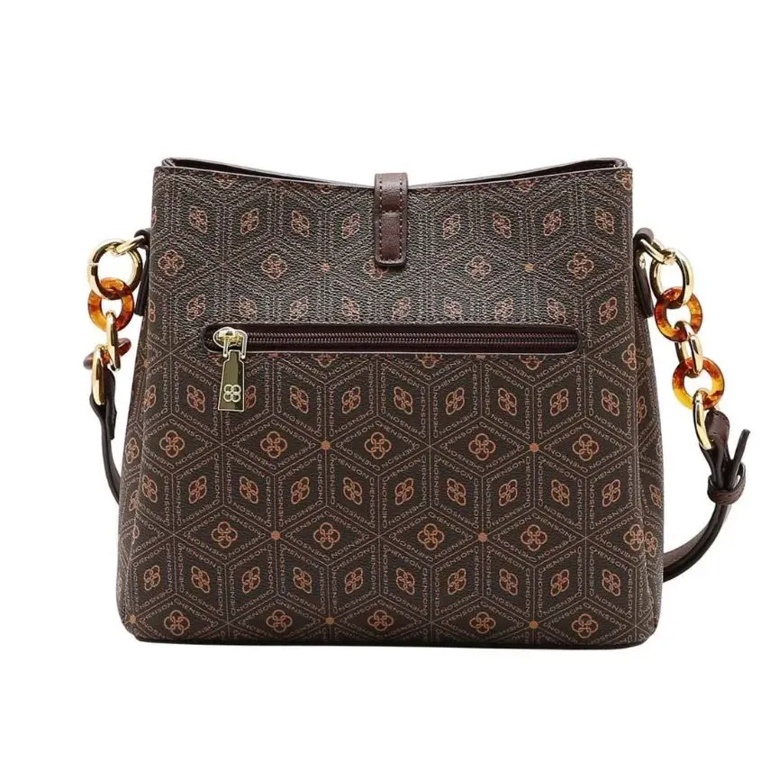 Parte traseira da bolsa transversal Chenson café com bolso externo e alça ajustável